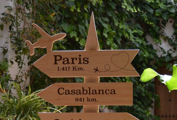 cartel de ciudades del mundo con flechas de madera